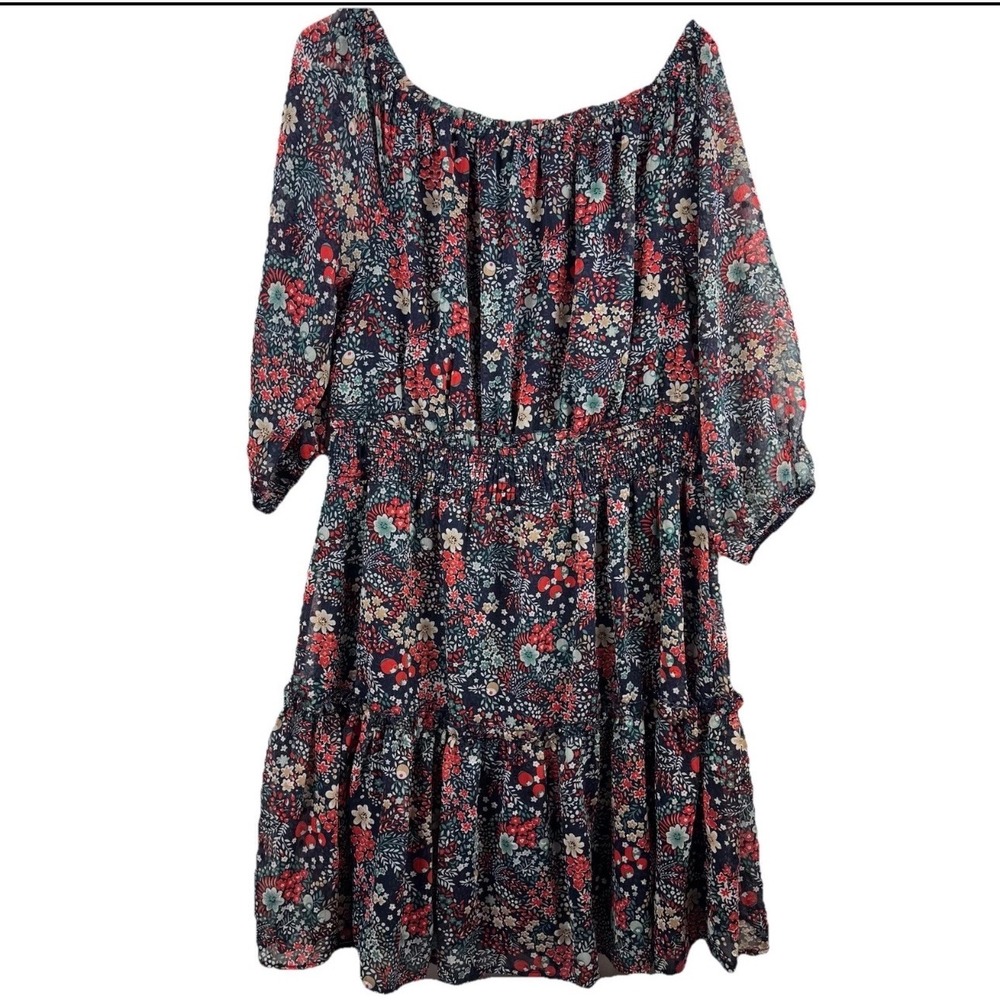 Ryan Michelle Floral Dress Womens PXL Navy Red Smocked Waist Tiered Ruffle - Picture 2 of 6